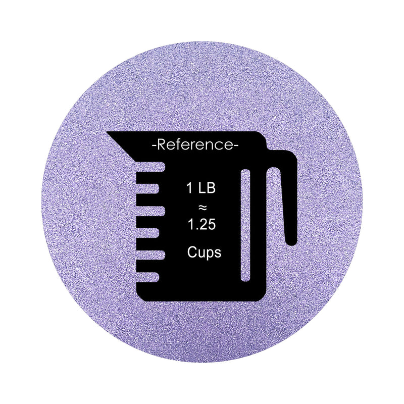 lavender purple colored sand arranged in a circular shape on a white background colored sand in a circular shape with a measuring cup showing quantity.
