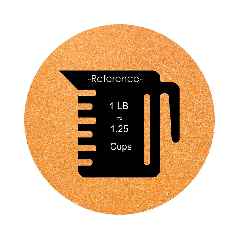 orange colored sand arranged in a circular shape on a white background colored sand in a circular shape with a measuring cup showing quantity.