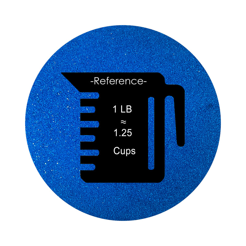
Royal Blue colored sand arranged in a circular shape on a white background colored sand in a circular shape with a measuring cup showing quantity, all placed on a white background.