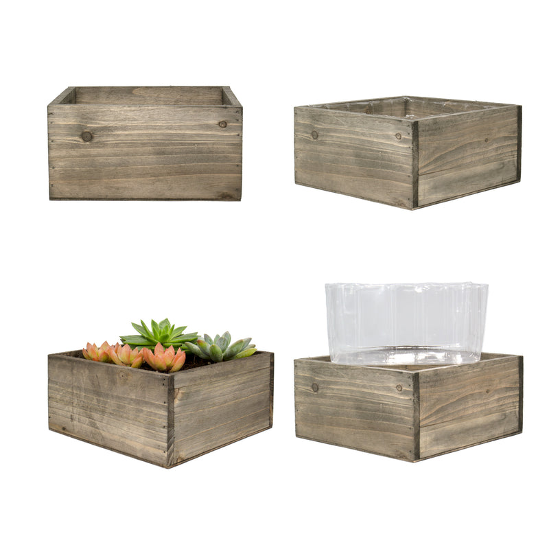 Natural Wooden Square Plant Box with Plastic Liner O-8" H-4" - Pack of 12 PCS - Modern Vase and Gift