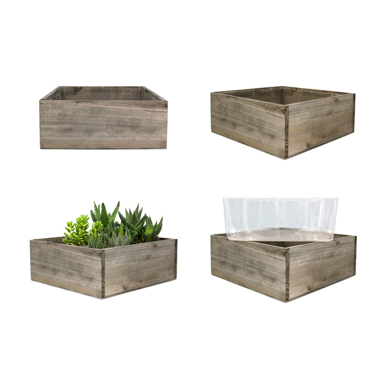 square wooden box planters 6 pcs Wood Square White Wash Planter Box w/ Plastic Liner Natural Brown H-4" Open-10"x 10"