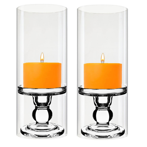 Pack of 12 Sets Clear Glass Candle Holder & Over Fitment Tubes Combo Holder H-3.75" D-3.25", Tube H-10" D-4"