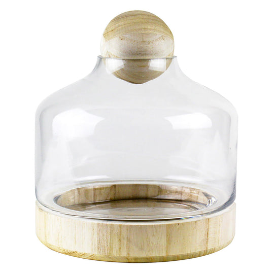 Pack of 2 PCS Clear Glass Top Opening Dome with Wood Ball and Base D- 8.75" H-11.5"