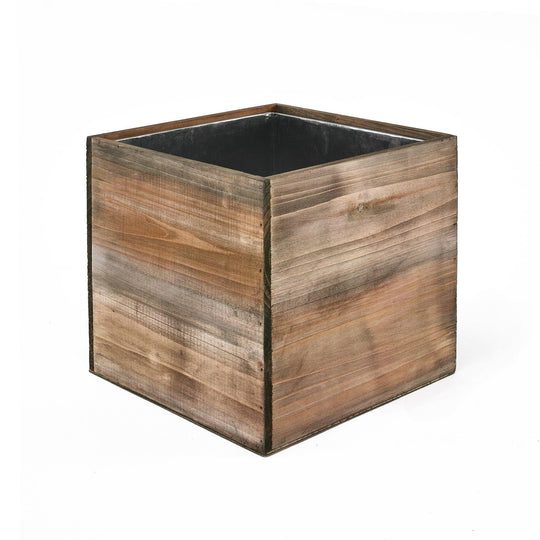 Pack of 8 PCS Natural Wooden Cube Plant Box with Zinc Metal Liner O-8" H-8"