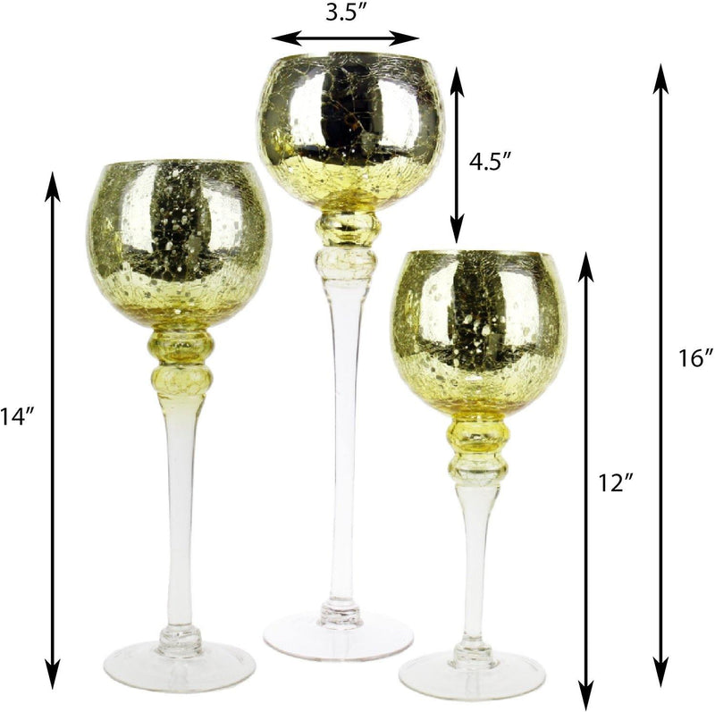 Mercury Gold Glass Crackle Candle Holder O-4" Set of 3 Height - Pack of 3 SETS - Modern Vase and Gift