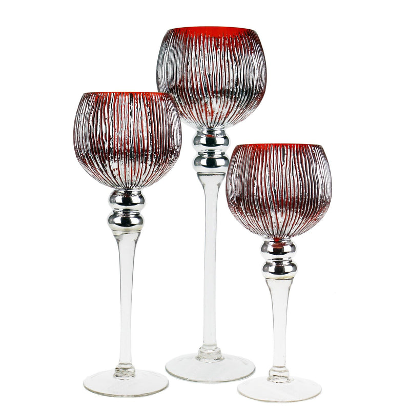 Mercury Red Glass Wavey Candle Holder O-4" Set of 3 Height - Pack of 3 SETS - Modern Vase and Gift