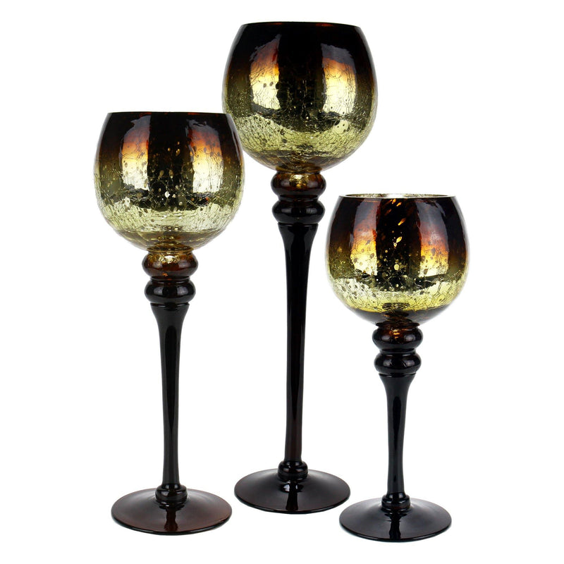 Mercury Brown Glass Crackle Candle Holder O-4" Set of 3 Height - Pack of 3 SETS - Modern Vase and Gift