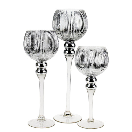 Pack of 3 SETS Mercury Silver Glass Wavey Candle Holder O-4" Set of 3 Height