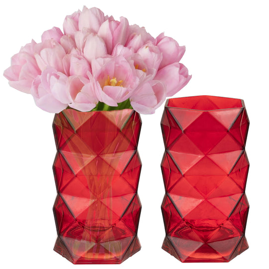 6 PCS Red Glass Geometric Vase O-3.75" D-8"