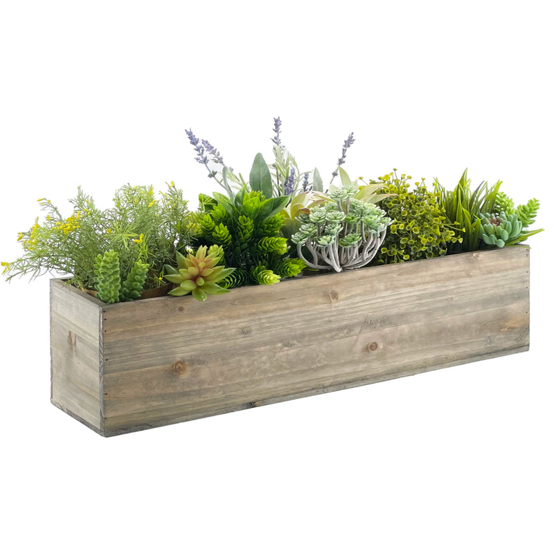 fake plant rectangular pot 4 pcs Natural Wood Rectangle White Wash Planter Box With Plastic Liner, 6" x 23" x 6"
