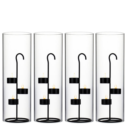 Pack of 12 Sets - Metal Black Tea Light Stand H-11.75" D-4.25" with 14" Hurricanes Tubes