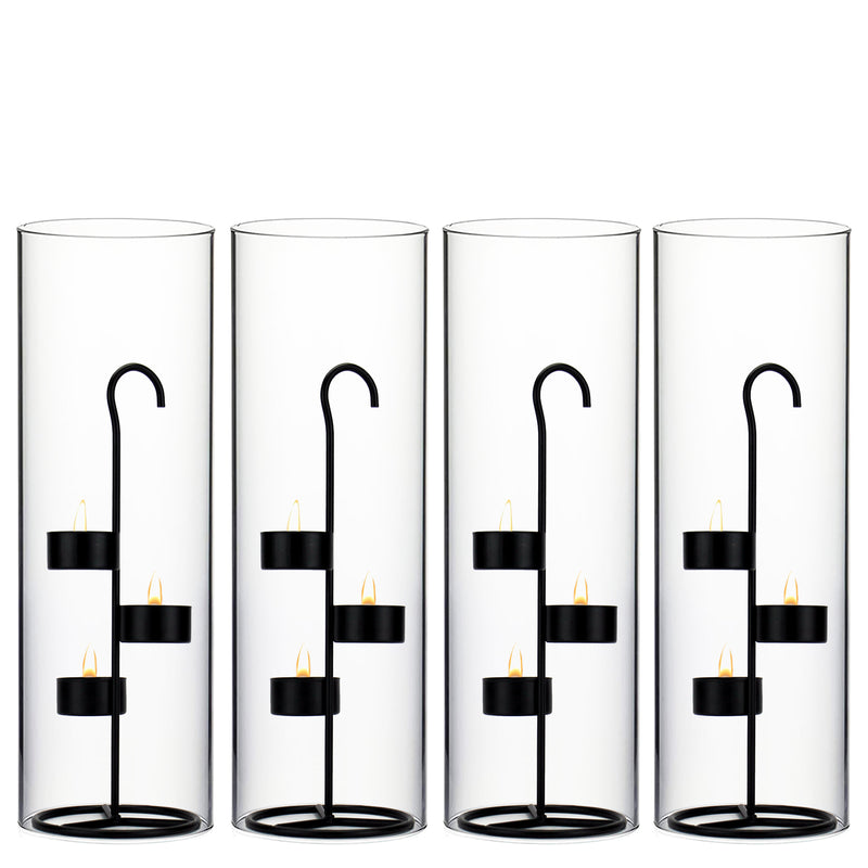 Pack of 12 Sets - Metal Black Tea Light Stand H-11.75" D-4.25" with 14" Hurricanes Tubes