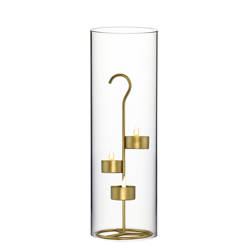 Pack of 12 Sets - Metal Gold Tea Light Stand H-11.75" D-4.25" with 14" Hurricanes Tubes