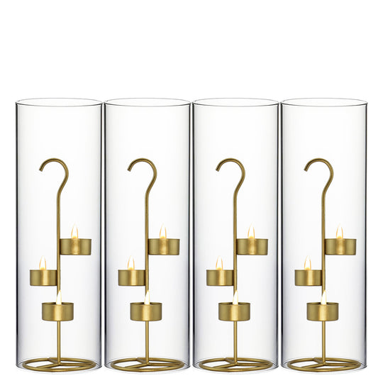Pack of 12 Sets - Metal Gold Tea Light Stand H-11.75" D-4.25" with 14" Hurricanes Tubes